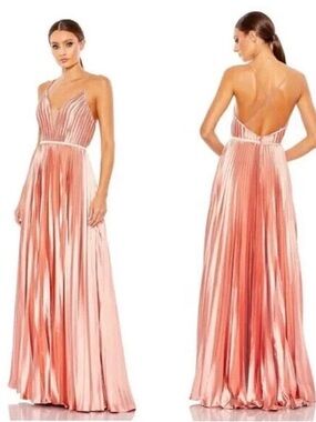 Ieena for Mac Duggal Rose Pink Metallic Pleated Backless Gown